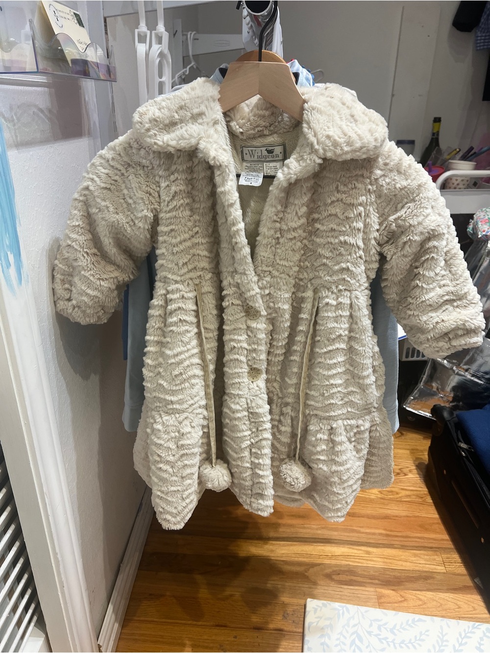 Widgeon Cream Plush Puffer Coat with Pom-Tie Accents